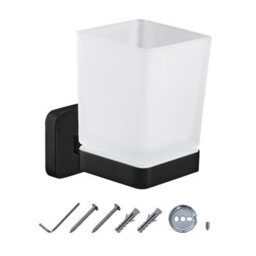 Jassferry Wall Mounted Toothbrush Tumbler Holder Single Frosted Black Glass Square Cup