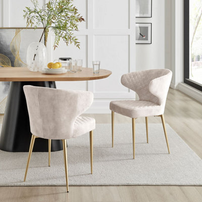 Cream Velvet Dining Chair With Quilting Design Gold Legs Set Of 2 - image 1