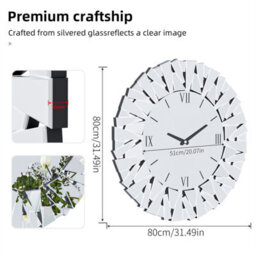 Aesome 80Cm Large Sunburst Mirrored Wall Clock Silent Big Decorative Mirror Wall Clocks - thumbnail 2
