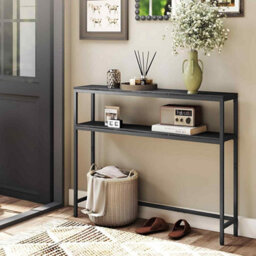 2-Tier Console Table For Hallway, Slim Sofa Table With Open Shelves, Charcoal Grey And Ink Black