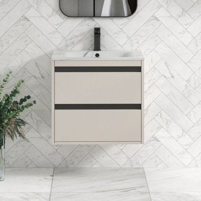 Royal Bathrooms Orion 600mm Warm Taupe 2 Drawer Wall Hung Bathroom Vanity Unit With Carrara White Basin & Black Accent Trim - image 1