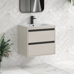 Royal Bathrooms Orion 600mm Warm Taupe 2 Drawer Wall Hung Bathroom Vanity Unit With Carrara White Basin & Black Accent Trim - thumbnail 6