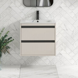 Royal Bathrooms Orion 600mm Warm Taupe 2 Drawer Wall Hung Bathroom Vanity Unit With Carrara White Basin & Black Accent Trim