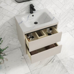 Royal Bathrooms Orion 600mm Warm Taupe 2 Drawer Wall Hung Bathroom Vanity Unit With Carrara White Basin & Black Accent Trim - thumbnail 4