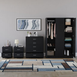 Lassic Vida Designs Riano 4 Piece Bedroom Set (2 Drawer Bedside Chest, 5 Drawer Chest, 3 Door Wardrobe), Black - thumbnail 2