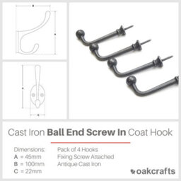 Oakcrafts - Antique Cast Iron Ball End Screw In Coat Hook  - Pack Of 4 Hooks - thumbnail 2