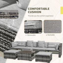 Outsunny 7 Pcs Rattan Garden Furniture Set With Side Shelf, Stools, Table, Grey - thumbnail 6