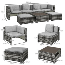 Outsunny 7 Pcs Rattan Garden Furniture Set With Side Shelf, Stools, Table, Grey - thumbnail 3