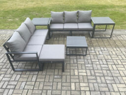 Fimous Aluminium 6 Pieces Garden Furniture Sofa Set With Cushions 7 Seater Outdoor Patio Set With Coffee Table Big Footstool - thumbnail 2