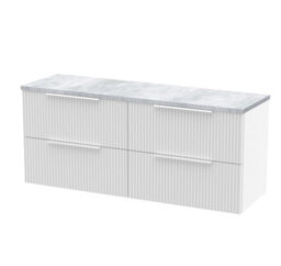 Hudson Reed Fluted Wall Hung 4-Drawer Vanity Unit & Bellato Grey Laminate Worktop, Counter Top Vanity Unit In Satin White, 1200mm