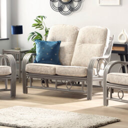 Desser Madrid Grey Natural Rattan 2 Seater Conservatory Sofa Real Cane Wicker Indoor Settee With Uk Sewn Cushion In Farrow Fabric - thumbnail 2