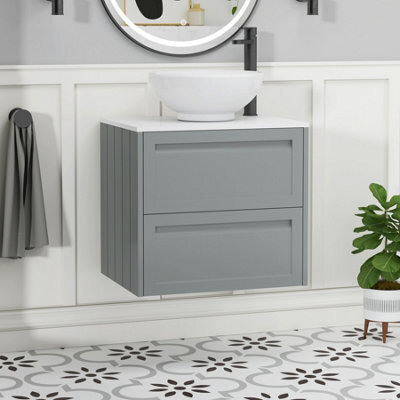 Royal Bathrooms Royal Bathroom Elmore 600mm Matt Pebble Grey Wall Mounted Bathroom Vanity Unit 2 Drawer Plain White Worktop With Breeze Basin - image 1