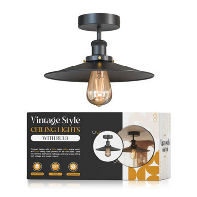 Vintage Semi Flush Mount Ceiling Light With E27 Base 22Cm Metal Black Shade For Kitchen, Living Room With Bulb - image 1