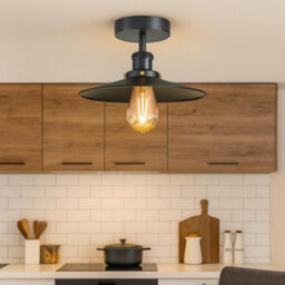 Vintage Semi Flush Mount Ceiling Light With E27 Base 22Cm Metal Black Shade For Kitchen, Living Room With Bulb - thumbnail 7