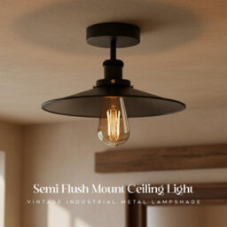 Vintage Semi Flush Mount Ceiling Light With E27 Base 22Cm Metal Black Shade For Kitchen, Living Room With Bulb - thumbnail 4