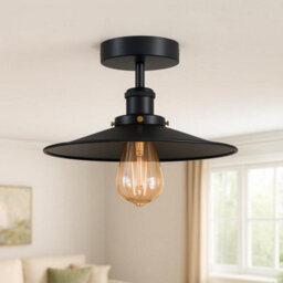 Vintage Semi Flush Mount Ceiling Light With E27 Base 22Cm Metal Black Shade For Kitchen, Living Room With Bulb - thumbnail 6