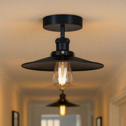 Vintage Semi Flush Mount Ceiling Light With E27 Base 22Cm Metal Black Shade For Kitchen, Living Room With Bulb - thumbnail 8