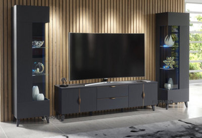 Furneo Grey Living Room Set Tv Stand Display Cabinets High Gloss & Matt Azzurro 10/12G Blue Led Lights - image 1