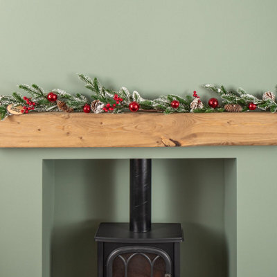 Samuel Alexander 1.9M Christmas Frosted Pinecone Garland With Red Berries And Baubles - image 1