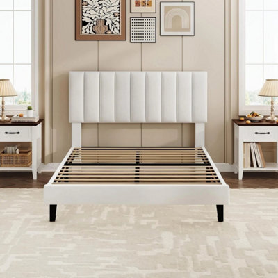 White Full Bed Frame Velvet Upholstered Platform Adjustable Height Headboard - image 1
