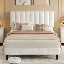 White Full Bed Frame Velvet Upholstered Platform Adjustable Height Headboard - thumbnail 4