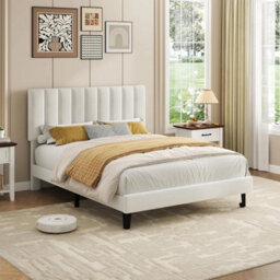 White Full Bed Frame Velvet Upholstered Platform Adjustable Height Headboard - thumbnail 5