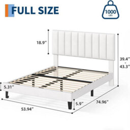 White Full Bed Frame Velvet Upholstered Platform Adjustable Height Headboard - thumbnail 2