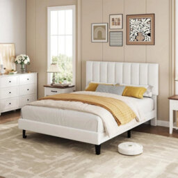 White Full Bed Frame Velvet Upholstered Platform Adjustable Height Headboard - thumbnail 3