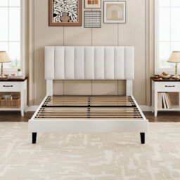 White Full Bed Frame Velvet Upholstered Platform Adjustable Height Headboard