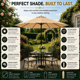 Glamhaus Garden Parasol Table Umbrella 2.7M With Crank Handle, Uv40 Protection, Includes Protection Cover, Robust Steel - Sand - thumbnail 8