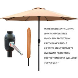 Glamhaus Garden Parasol Table Umbrella 2.7M With Crank Handle, Uv40 Protection, Includes Protection Cover, Robust Steel - Sand - thumbnail 2