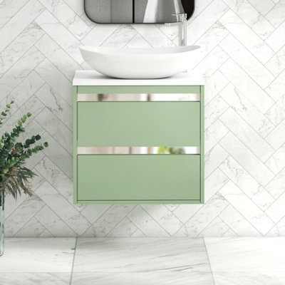 Royal Bathrooms Orion 600mm Mint Sage Wall Hung Plain White Countertop Vanity Unit 2 Drawer With Cesar Basin & Chrome Accent Trim - image 1