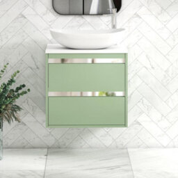 Royal Bathrooms Orion 600mm Mint Sage Wall Hung Plain White Countertop Vanity Unit 2 Drawer With Cesar Basin & Chrome Accent Trim - thumbnail 2
