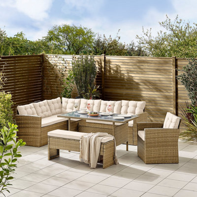Furniturebox Marbella Rattan Garden Table & Chairs, 9 Seat Outdoor Corner Sofa Dining Set, Outdoor Garden Table & Chairs Set Beige - image 1