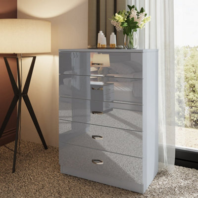 Fwstyle 5 Drawer Chest Of Drawers Grey Gloss Bedroom Furniture - image 1