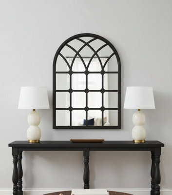 Biznest Arched Top Window Wall Mount Mirror Black Plastic Frame Gothic Design Indoor/outdoor Vanity Display Home Deco 71X50Cm - image 1