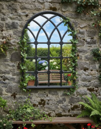 Biznest Arched Top Window Wall Mount Mirror Black Plastic Frame Gothic Design Indoor/outdoor Vanity Display Home Deco 71X50Cm - thumbnail 4