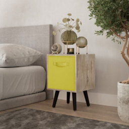 Urbn-Living Urbnliving 51Cm Height Antique Oak Wooden Cube Storage Bookcase Yellow Inserts Scandinavian Black Legs