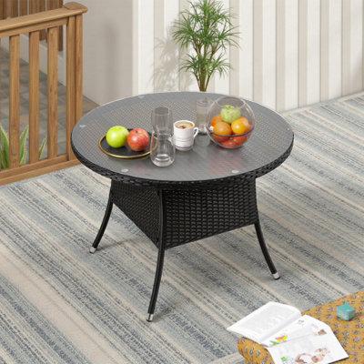 Living And Home Black Garden Rattan Tempered Glass Top Round Table With Parasol Hole - image 1