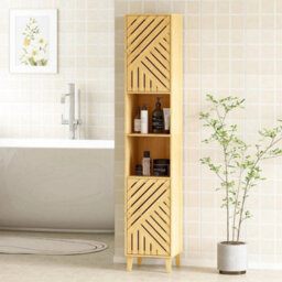 Tall Bathroom Cabinet Slim Bamboo Storage Cupboard Shelves - thumbnail 1