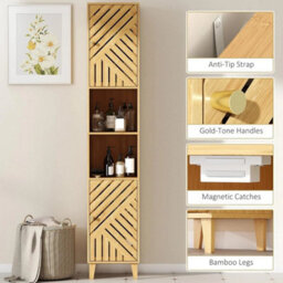 Tall Bathroom Cabinet Slim Bamboo Storage Cupboard Shelves - thumbnail 5