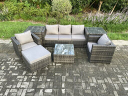 Fimous Wicker 7 Pieces Rattan Garden Furniture Sofa Set With Armchair 2 Side Tables Square Coffee Table Dark Grey Mixed - thumbnail 1