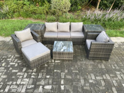 Fimous Wicker 7 Pieces Rattan Garden Furniture Sofa Set With Armchair 2 Side Tables Square Coffee Table Dark Grey Mixed - thumbnail 2