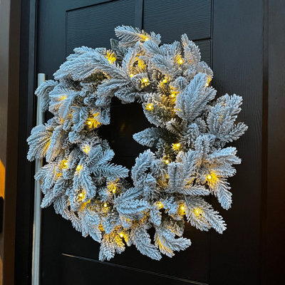 Outdoor Living (NW) Ltd 60Cm Premium Mixed Branch Prelit Snow Flocked Christmas Wreath - With Timer - image 1