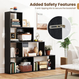 Costway 4-Tier Stepped Bookshelf Modern Ladder Bookcase W/ 6 Storage Cubes-Black - thumbnail 6