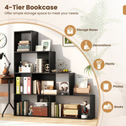 Costway 4-Tier Stepped Bookshelf Modern Ladder Bookcase W/ 6 Storage Cubes-Black - thumbnail 8