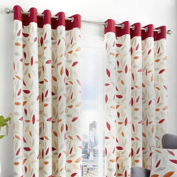 Fusion Beechwood Leaf Trail Pair Of 100% Cotton Red Eyelet Curtains
