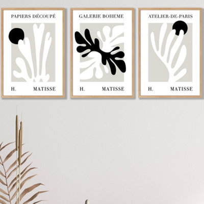 Set Of 3 Framed Matisse Floral Cut Out Style In Black & Beige / 42X59Cm (A2) / Oak - image 1