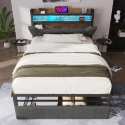 Btm Grey Linen Single Bed With Led Usb Type C Charging Storage Headboard Drawers Metal Frame 90X190Cm No Mattress - thumbnail 6