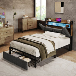 Btm Grey Linen Single Bed With Led Usb Type C Charging Storage Headboard Drawers Metal Frame 90X190Cm No Mattress - thumbnail 3